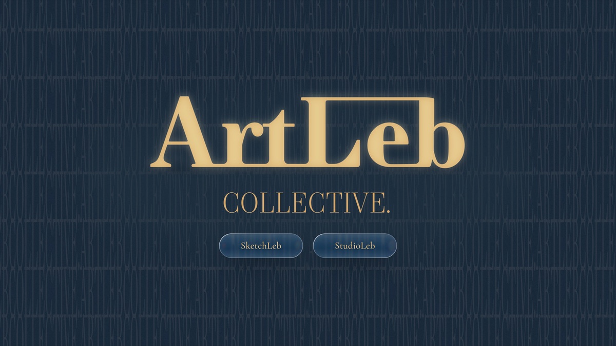 The front page of ArtLeb Collective: the gold ArtLeb logo on navy, with two glass buttons beneath it