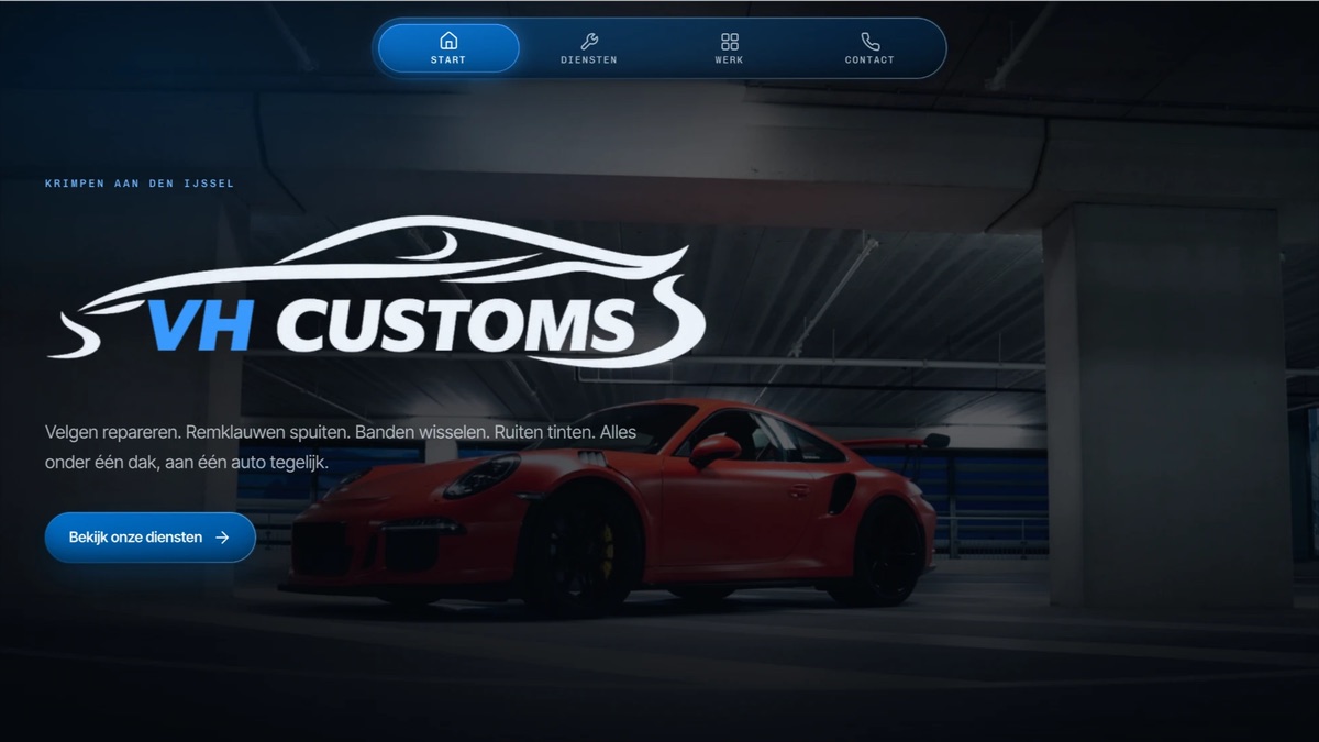 The front page of VH Customs: the VH Customs logo over a red Porsche in a parking garage, with the menu above it